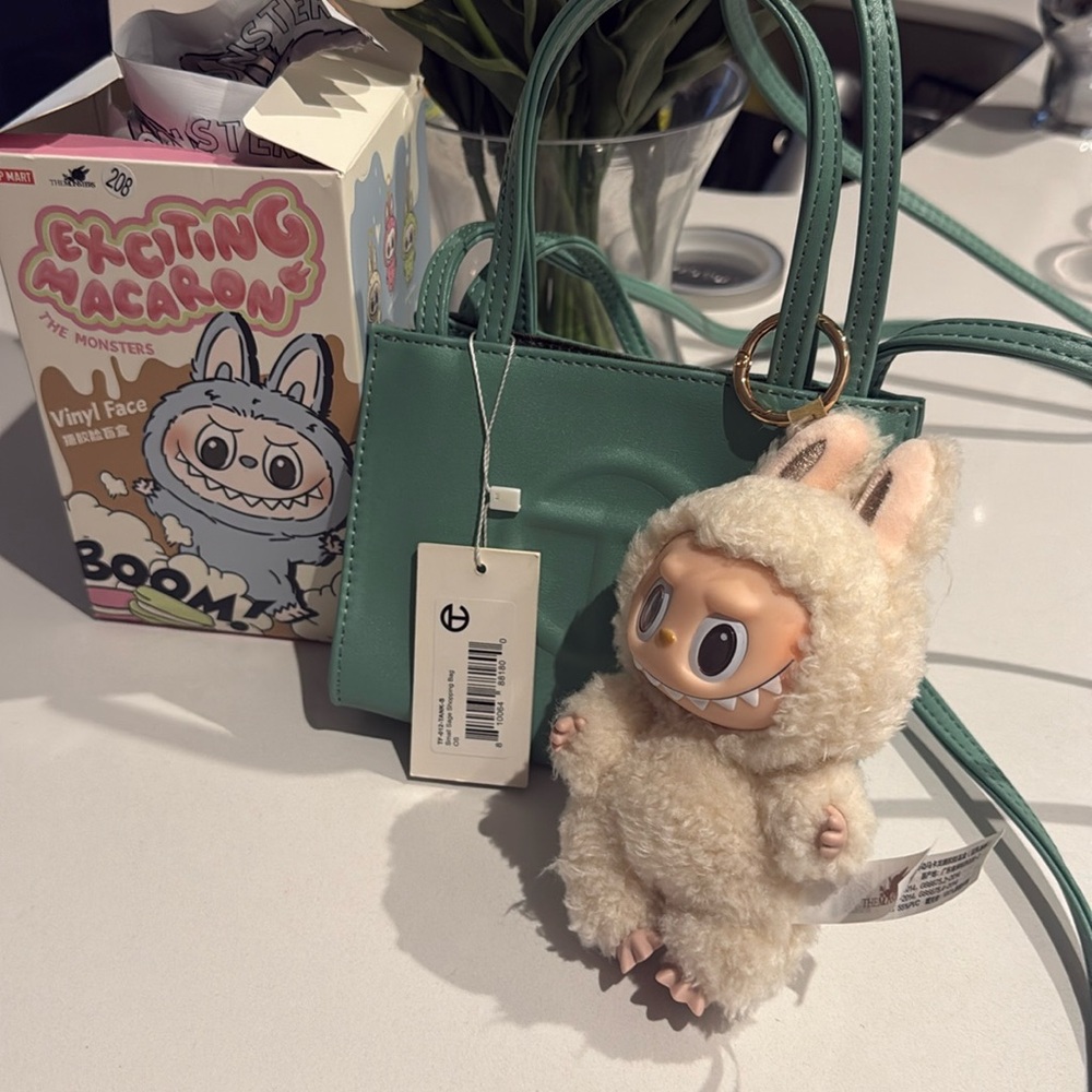 NEW TELFAR SMALL SHOPPING BAG TOTE IN SAGE GREEN with authentic labubu